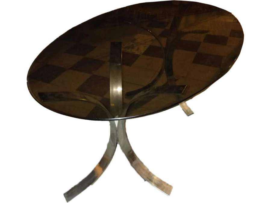 osvaldo BORSINI (1911-1985) table ovale métal argenté et verre fumé