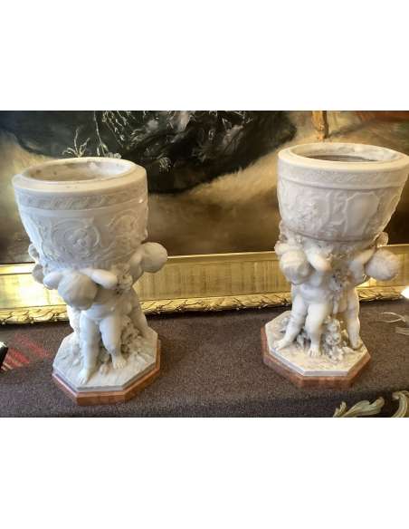 Pair Of Large Marble Cups Representing Lovers - marble and stone sculptures-Bozaart
